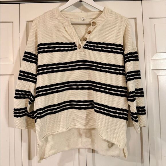 Amazon 100% cotton waffle knit Henley striped pullover M - Picture 2 of 9